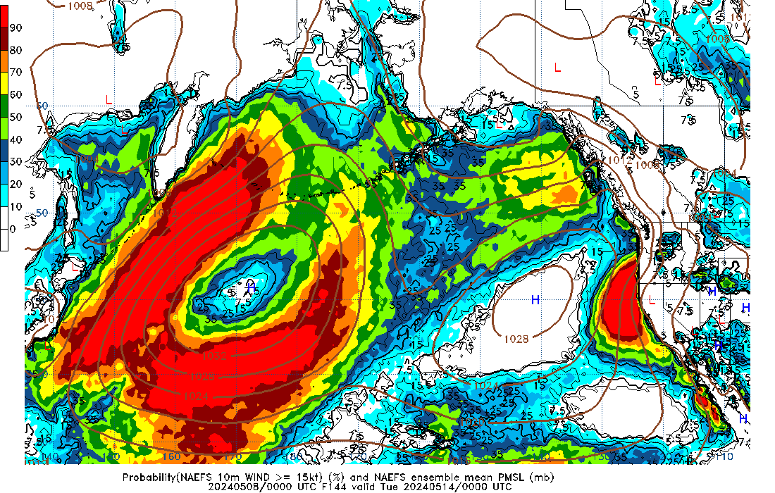 NAEFS 144 Hour Prob 10m Wind >= 15kt image
