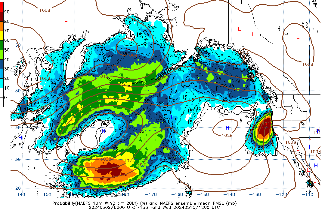 NAEFS 156 Hour Prob 10m Wind >= 20kt image