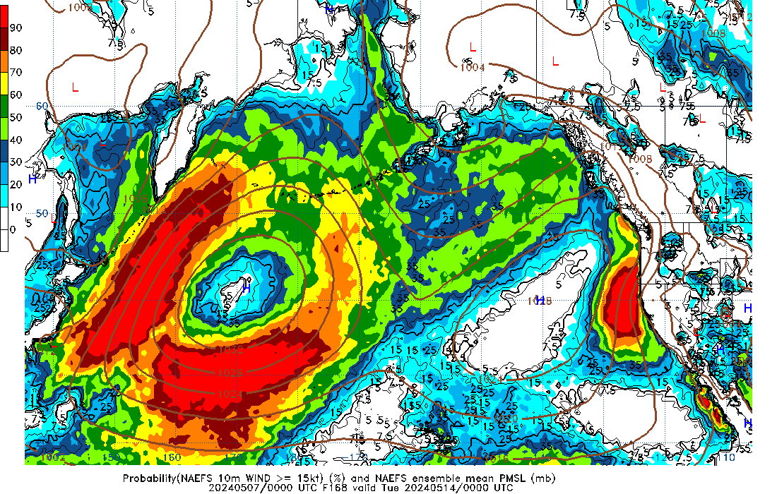 NAEFS 168 Hour Prob 10m Wind >= 15kt image