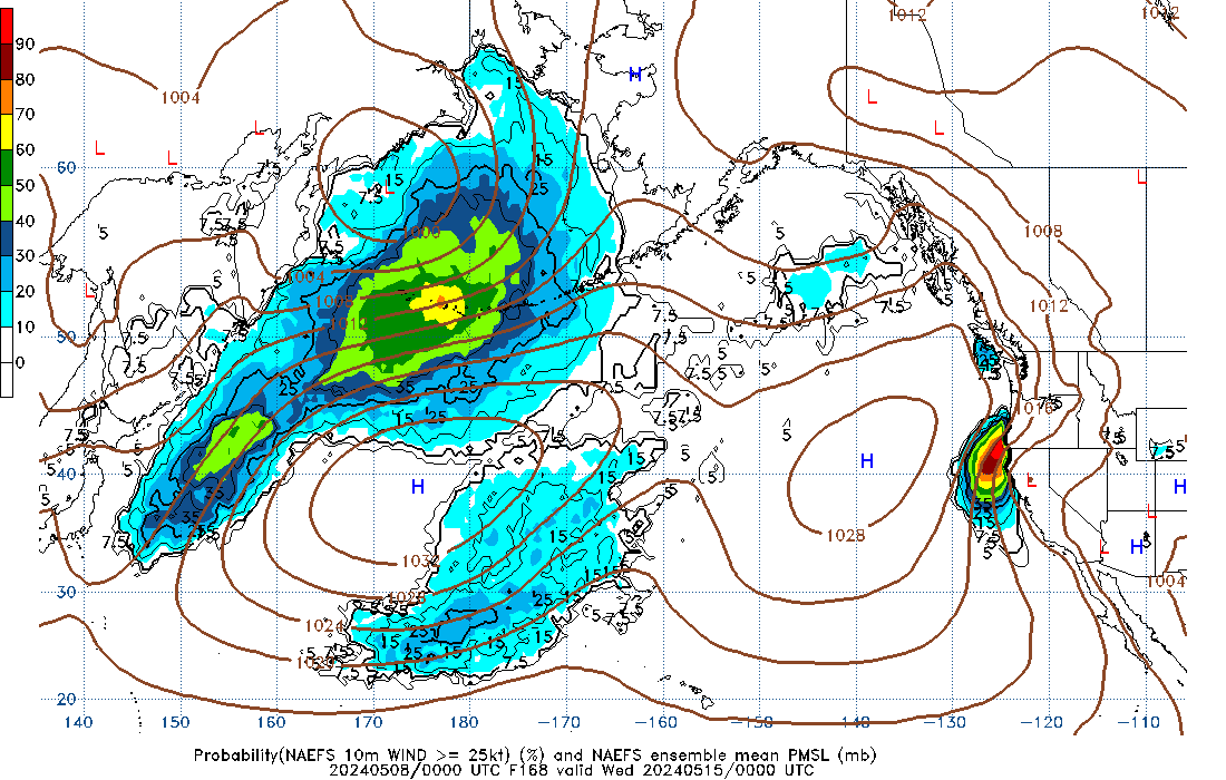 NAEFS 168 Hour Prob 10m Wind >= 25kt image
