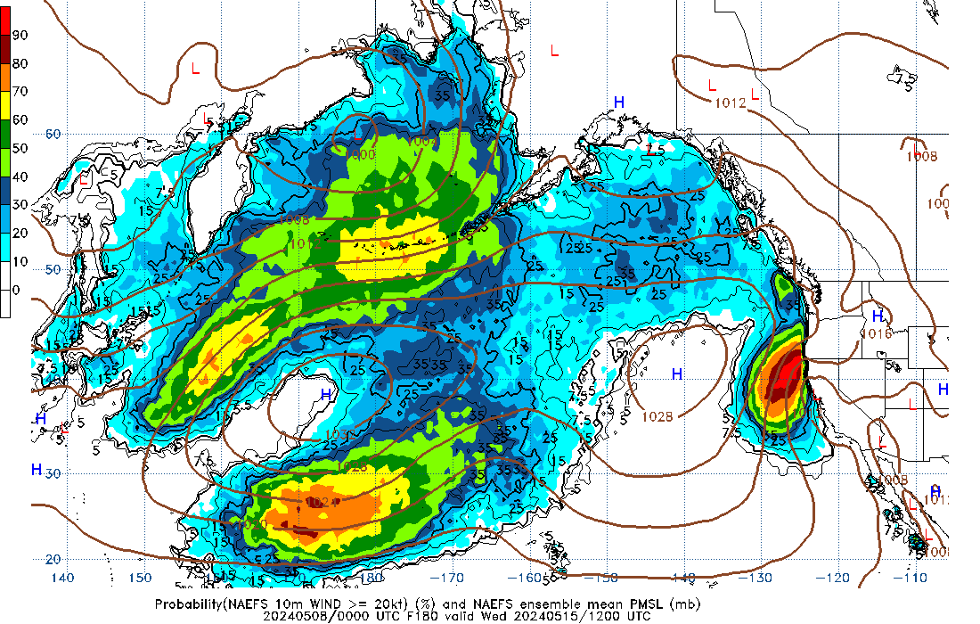 NAEFS 180 Hour Prob 10m Wind >= 20kt image