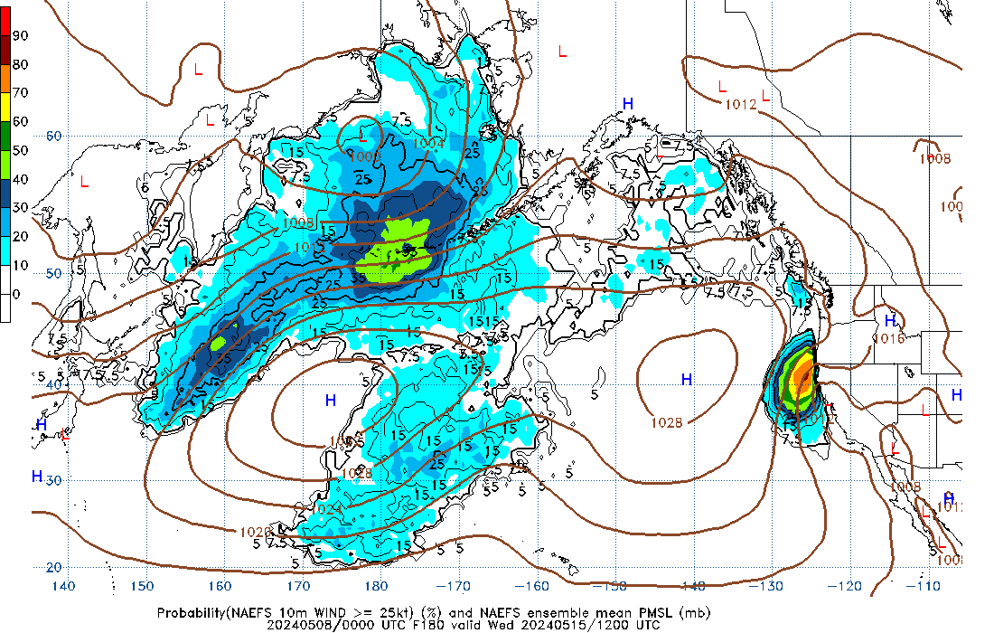 NAEFS 180 Hour Prob 10m Wind >= 25kt image