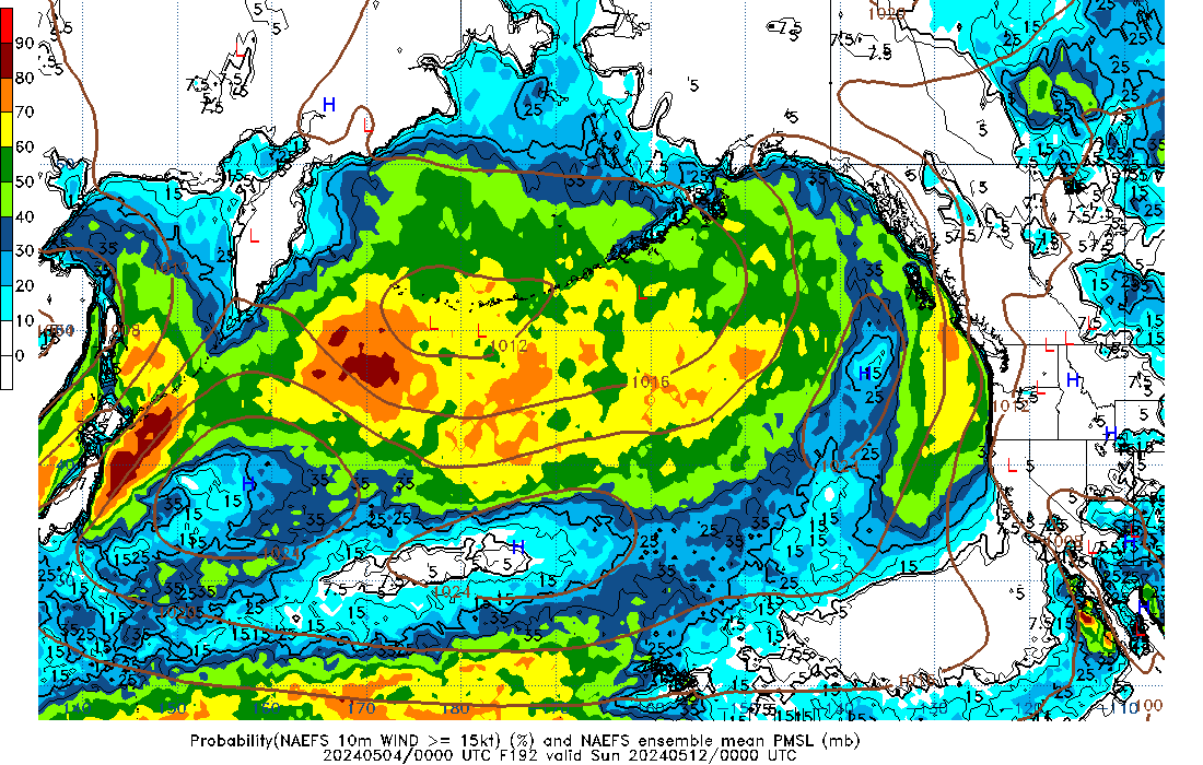 NAEFS 192 Hour Prob 10m Wind >= 15kt image