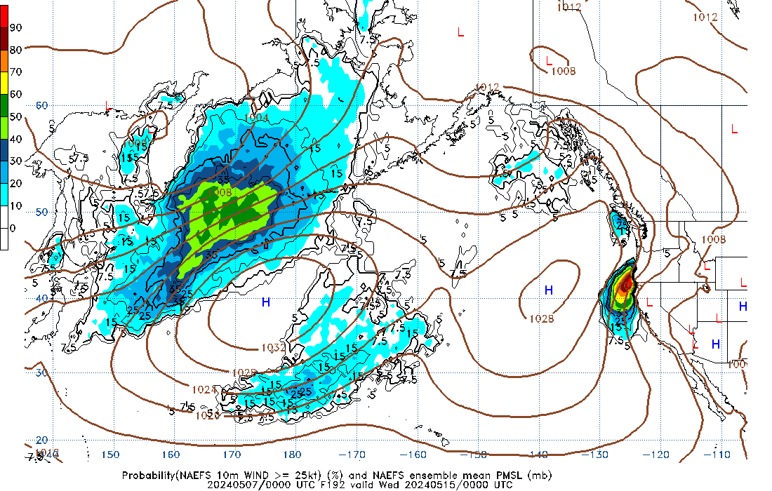 NAEFS 192 Hour Prob 10m Wind >= 25kt image