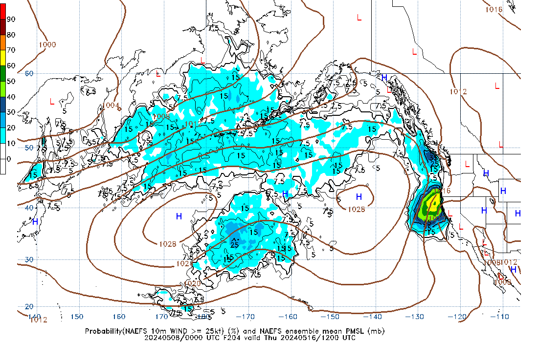 NAEFS 204 Hour Prob 10m Wind >= 25kt image