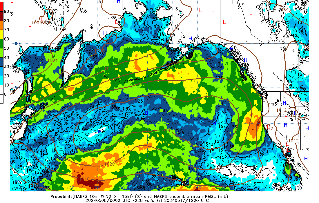 NAEFS 228 Hour Prob 10m Wind >= 15kt image
