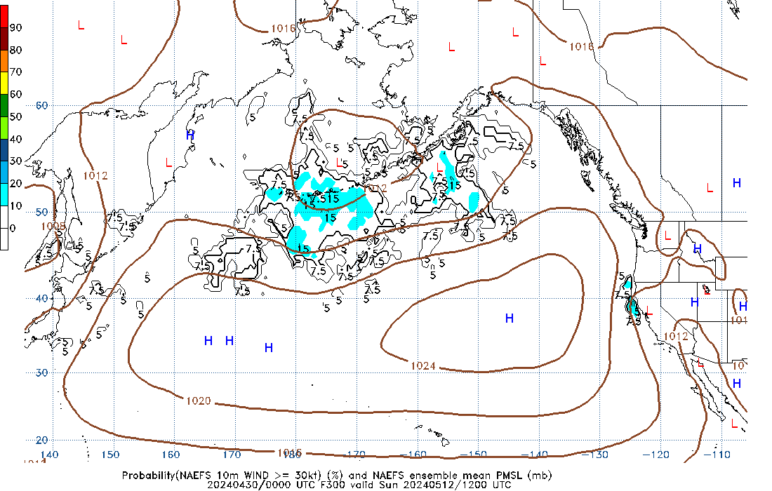 NAEFS 300 Hour Prob 10m Wind >= 30kt image