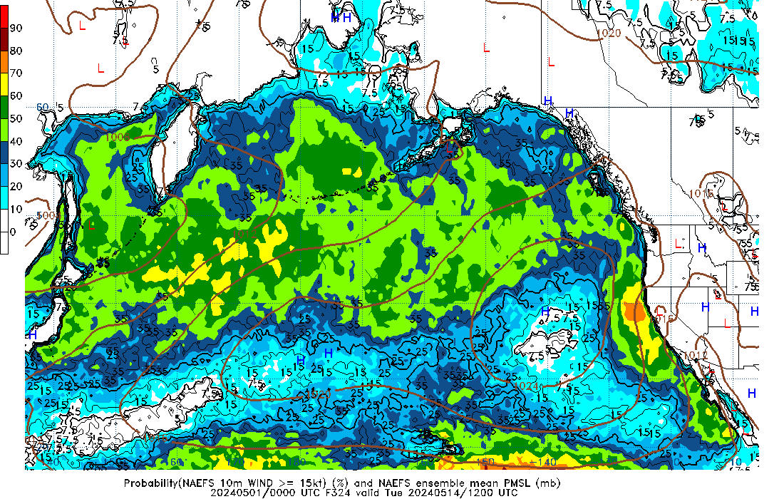 NAEFS 324 Hour Prob 10m Wind >= 15kt image