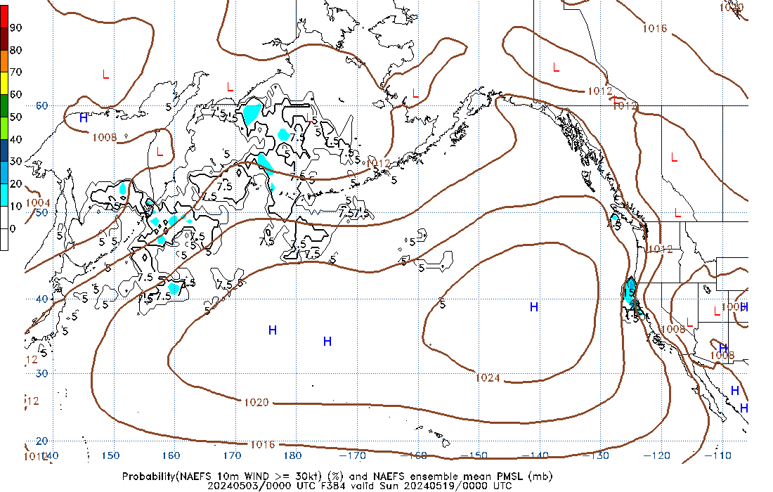 NAEFS 384 Hour Prob 10m Wind >= 30kt image