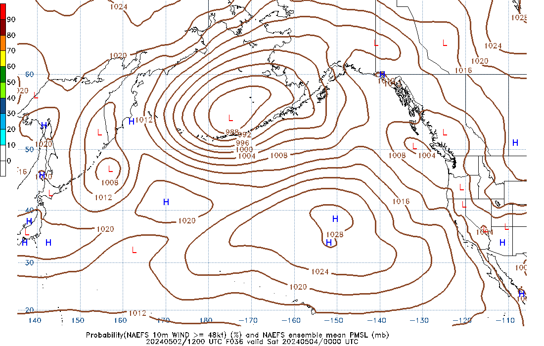 NAEFS 036 Hour Prob 10m Wind >= 48kt image