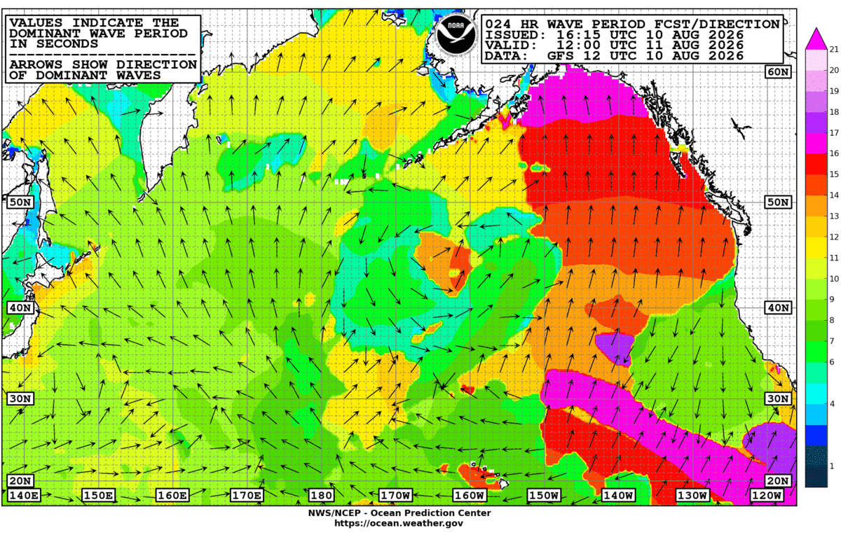 North Pacific 24 Hour Wave Period Forecast