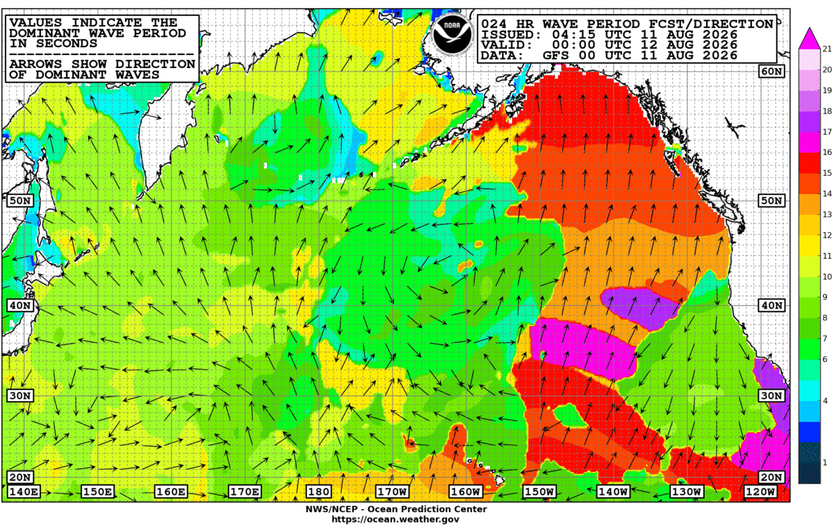 North Pacific 24 Hour Wave Period Forecast