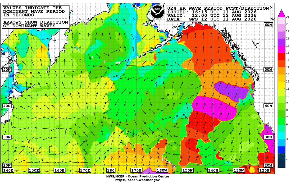 North Pacific 24 Hour Wave Period Forecast