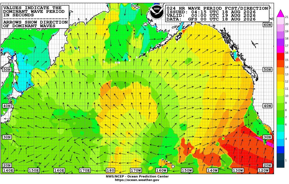 North Pacific 24 Hour Wave Period Forecast