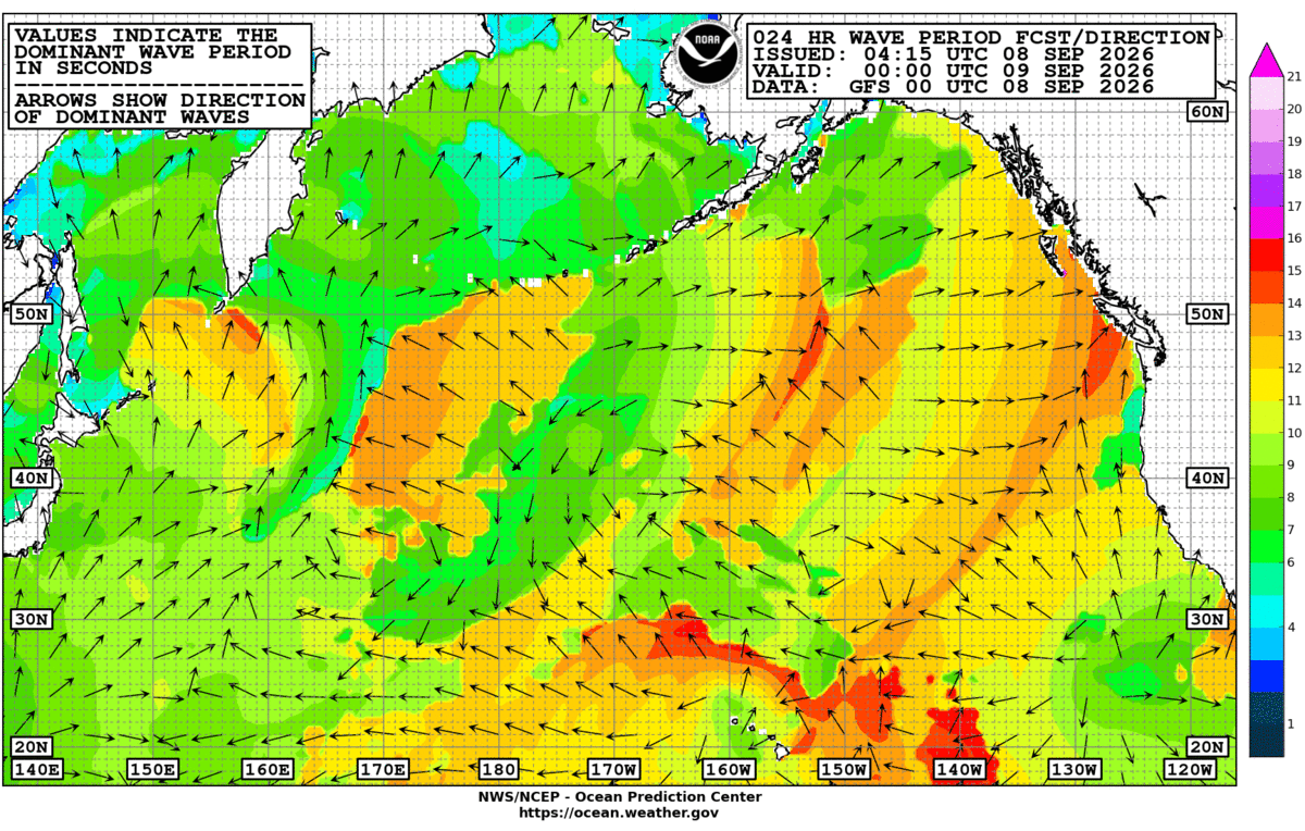 North Pacific 24 Hour Wave Period Forecast