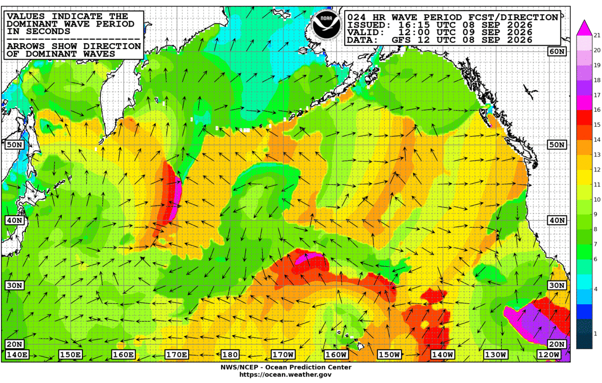 North Pacific 24 Hour Wave Period Forecast