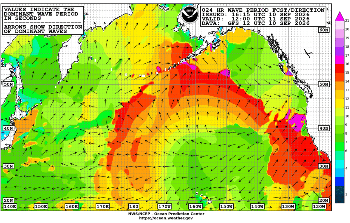 North Pacific 24 Hour Wave Period Forecast