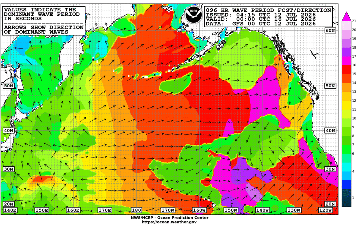 North Pacific 96 Hour Wave Period Forecast
