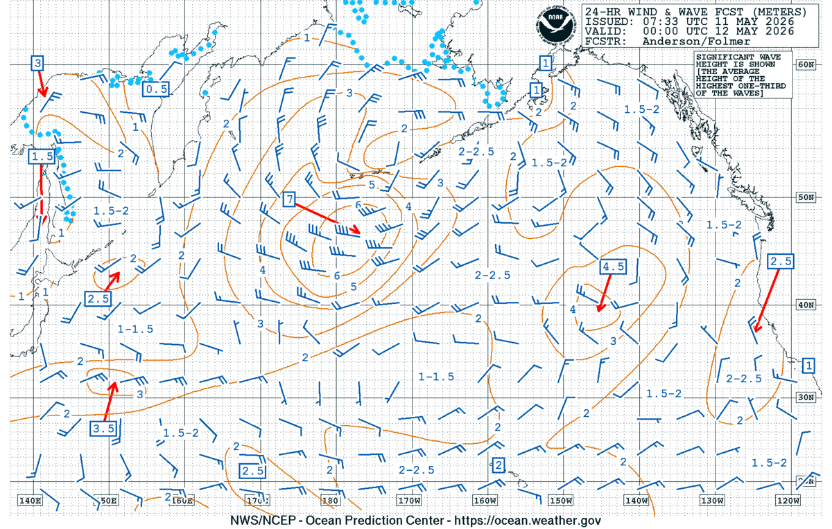 North Pacific 24 Hour Wind & Wave Forecast