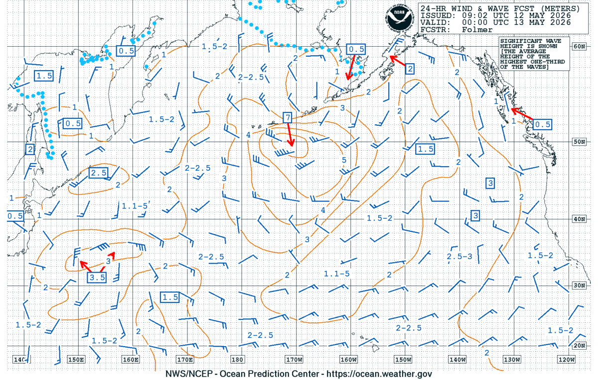 North Pacific 24 Hour Wind & Wave Forecast