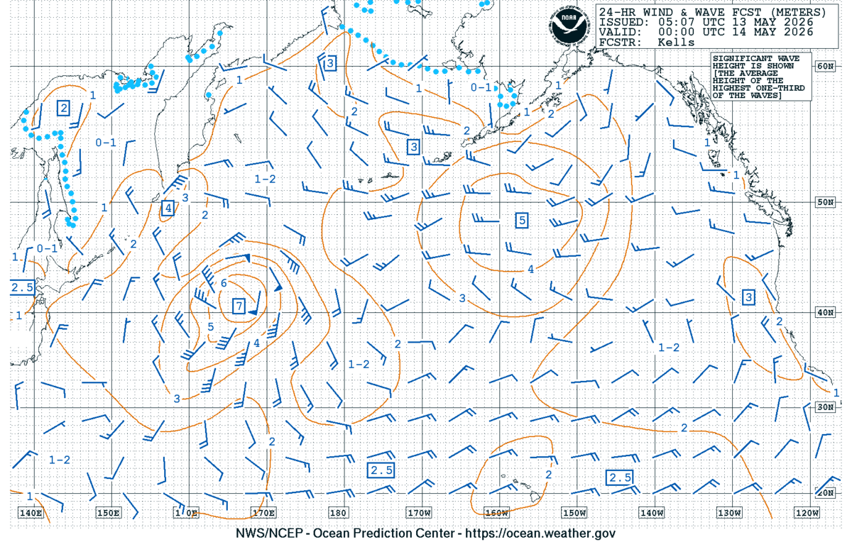 North Pacific 24 Hour Wind & Wave Forecast
