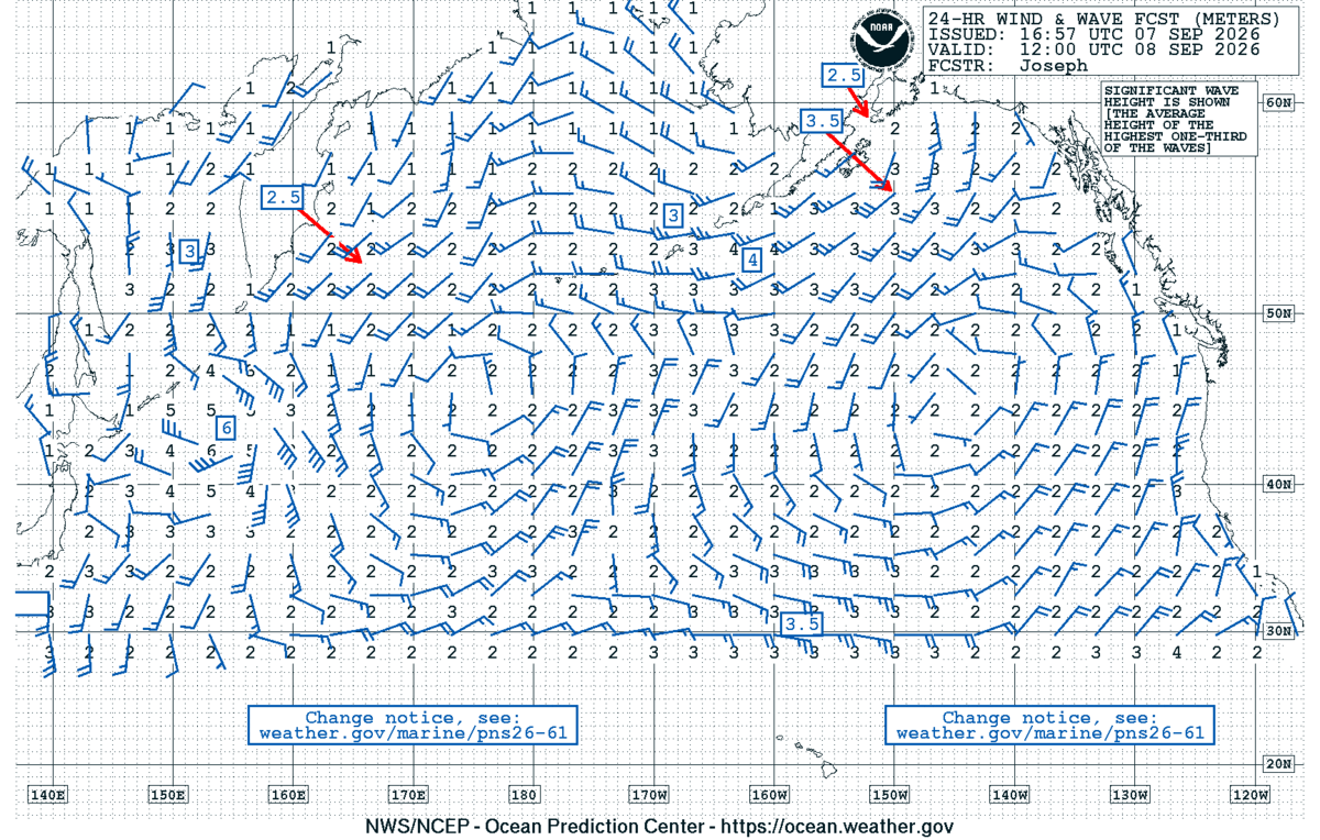 North Pacific 24 Hour Wind & Wave Forecast