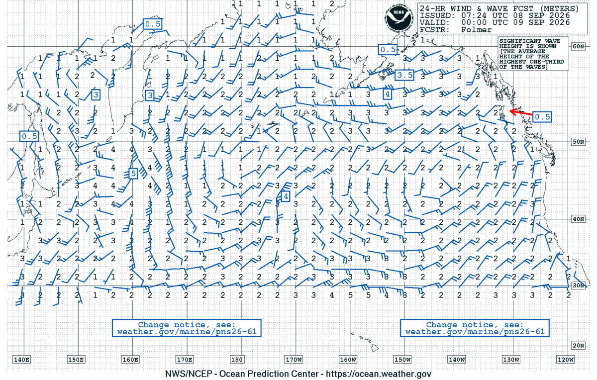 North Pacific 24 Hour Wind & Wave Forecast