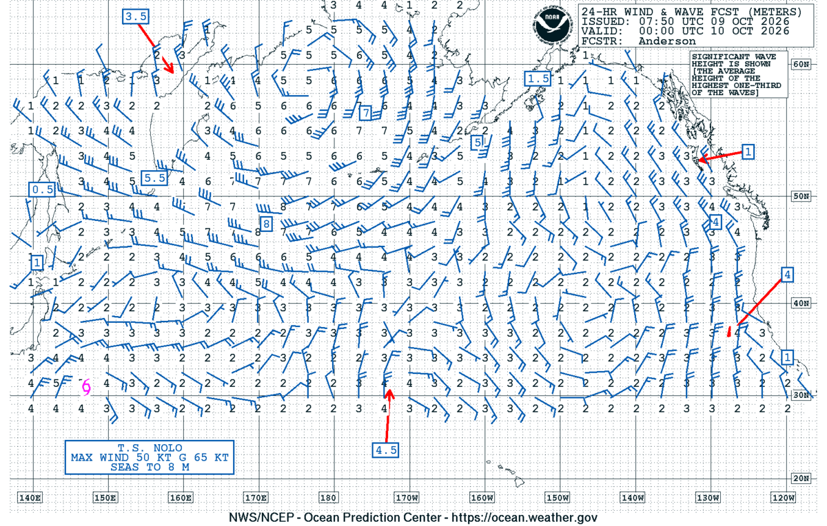 North Pacific 24 Hour Wind & Wave Forecast