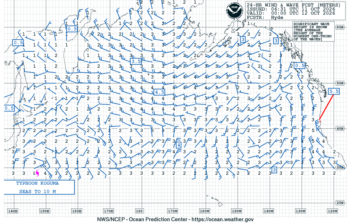 North Pacific 24 Hour Wind & Wave Forecast