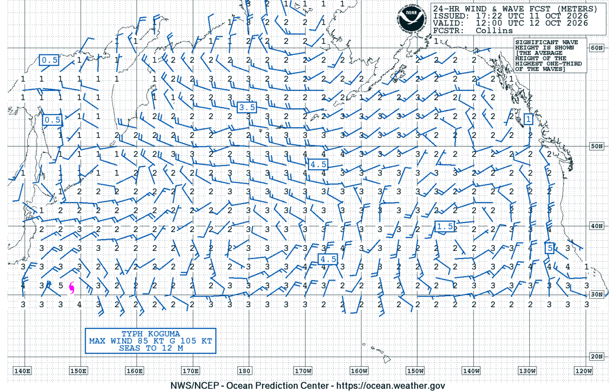 North Pacific 24 Hour Wind & Wave Forecast
