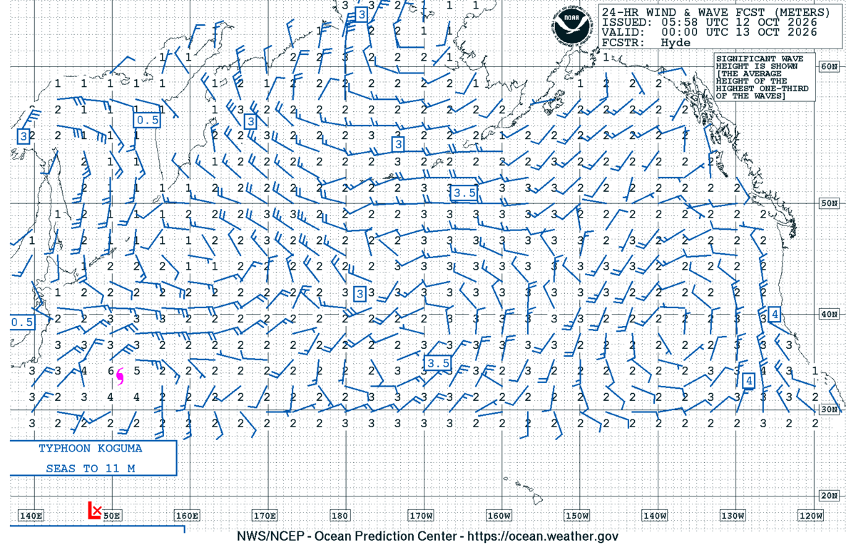 North Pacific 24 Hour Wind & Wave Forecast