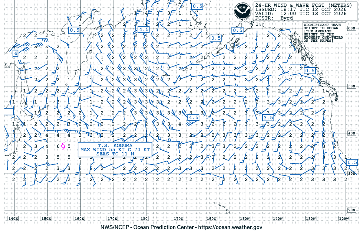 North Pacific 24 Hour Wind & Wave Forecast