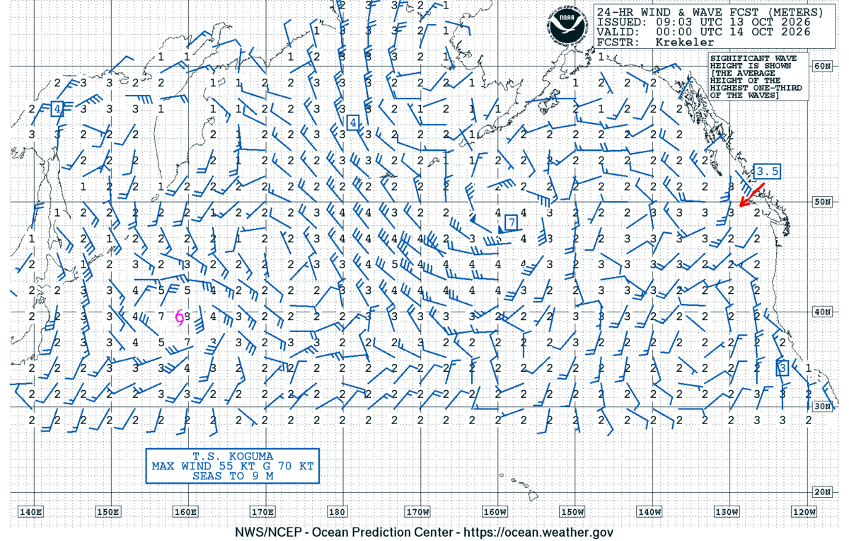 North Pacific 24 Hour Wind & Wave Forecast
