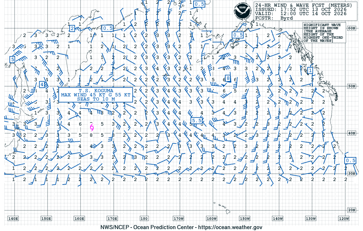 North Pacific 24 Hour Wind & Wave Forecast