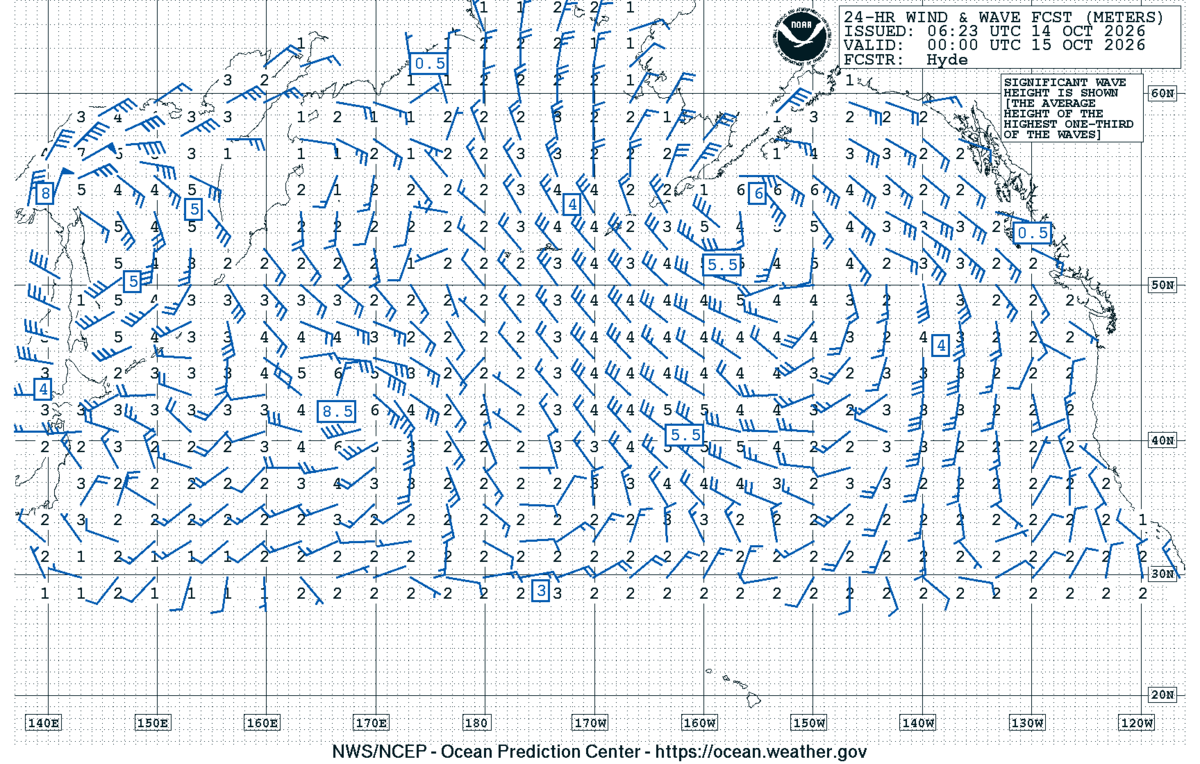 North Pacific 24 Hour Wind & Wave Forecast
