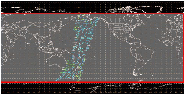 Figure 1. Domain of Global experimental scatterometer based gridded wind field in gray and outlined in red.