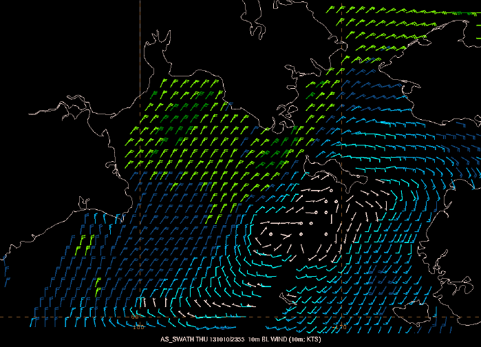 Figure 3. ASCAT gridded product showing color coded winds over the Bering Sea.