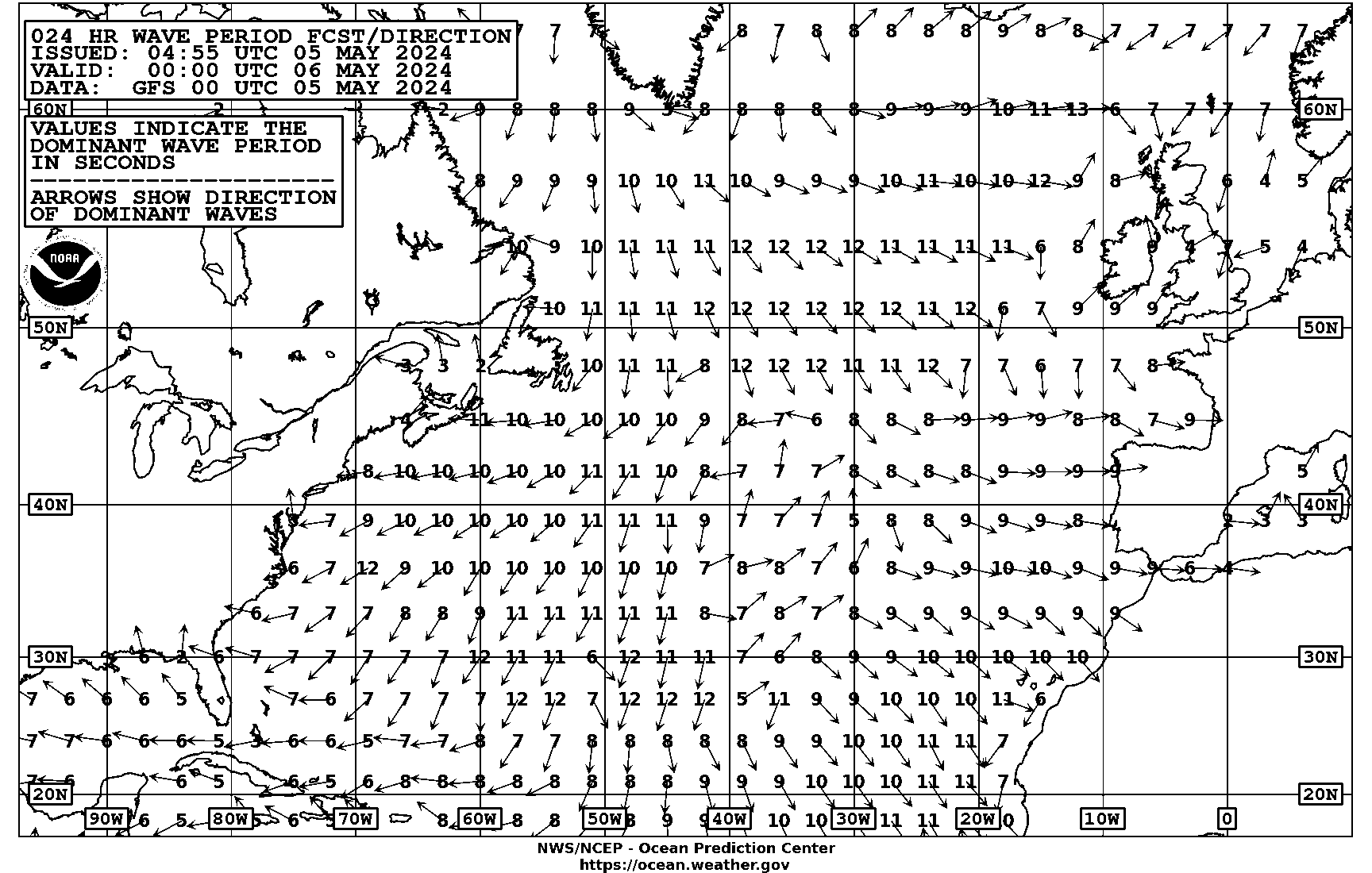 24 hour Atlantic Peak Wave Period & Direction/Ice Accretion