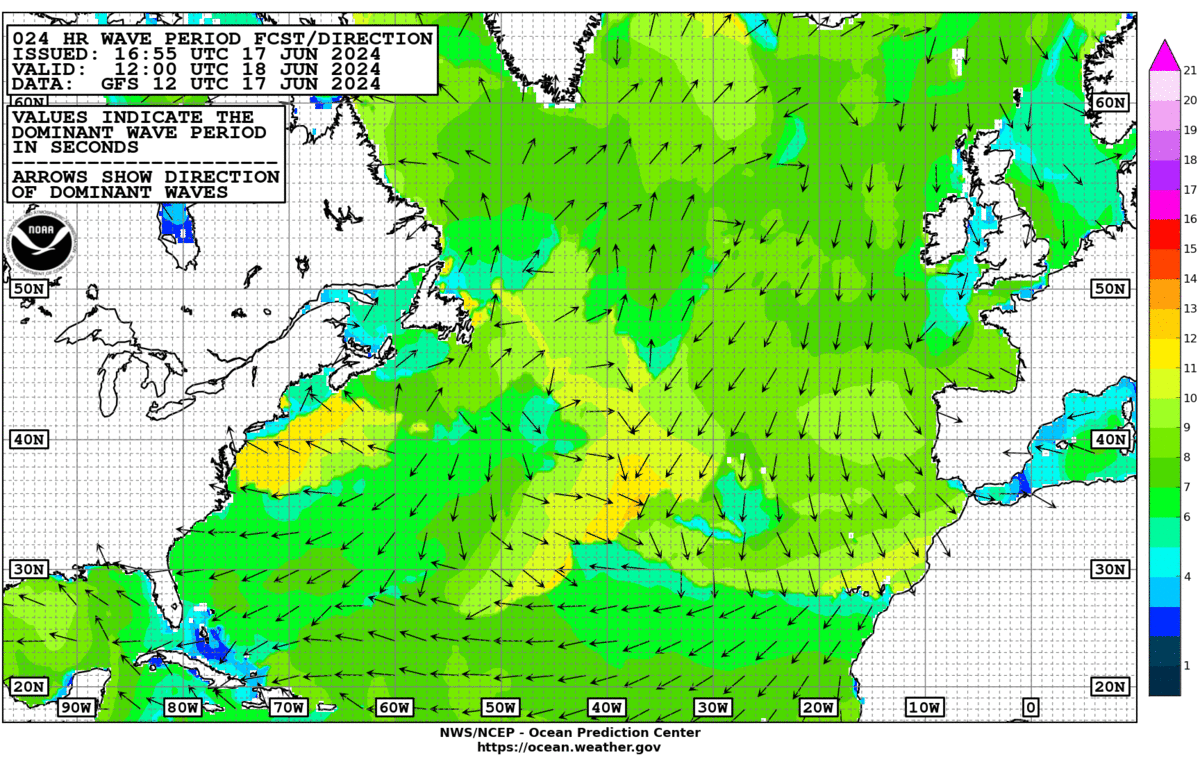 NWS/NCEP North Atlantic 24-hour wave period & direction forecast