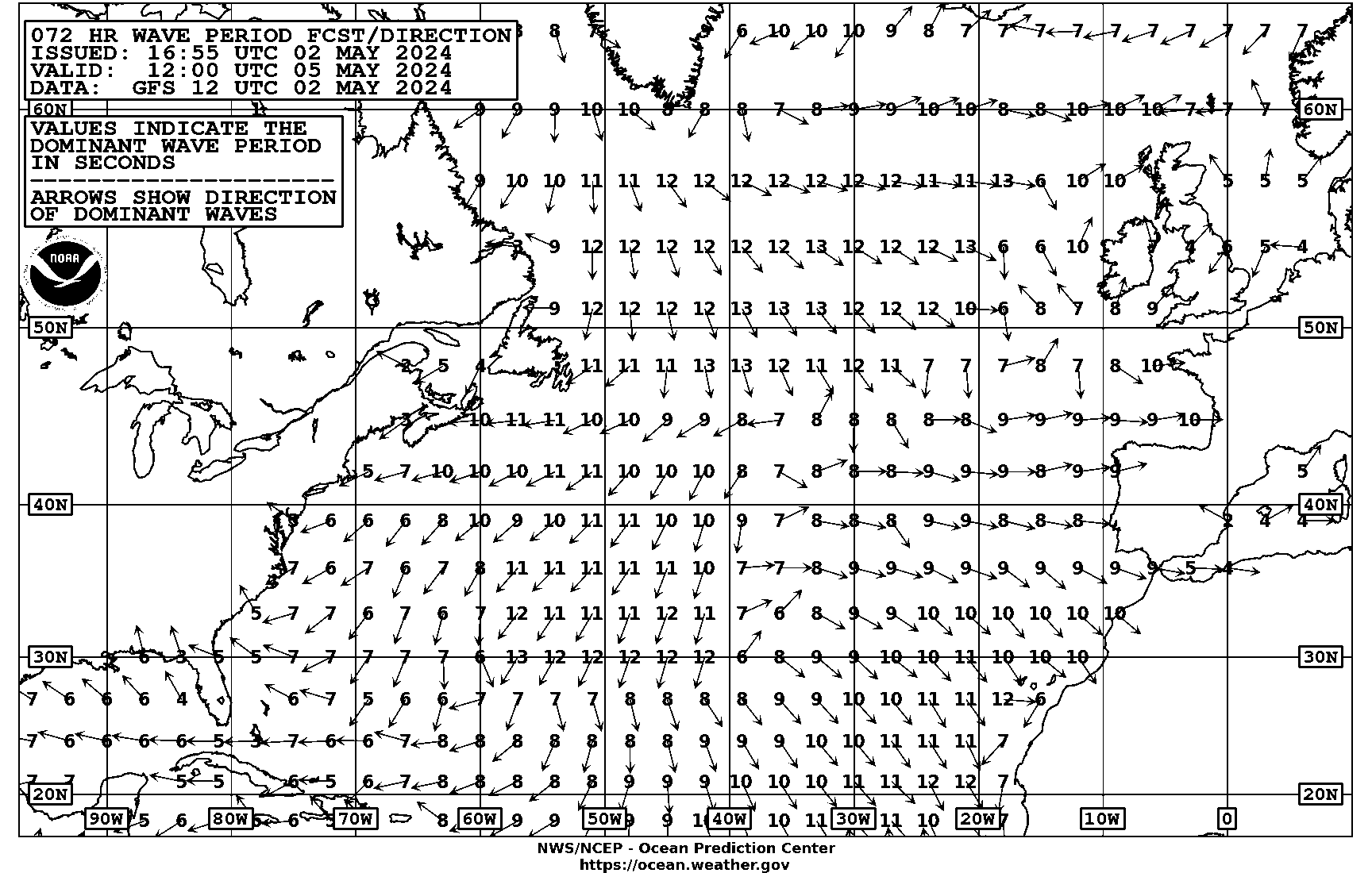 72 hour Atlantic Peak Wave Period & Direction/Ice Accretion