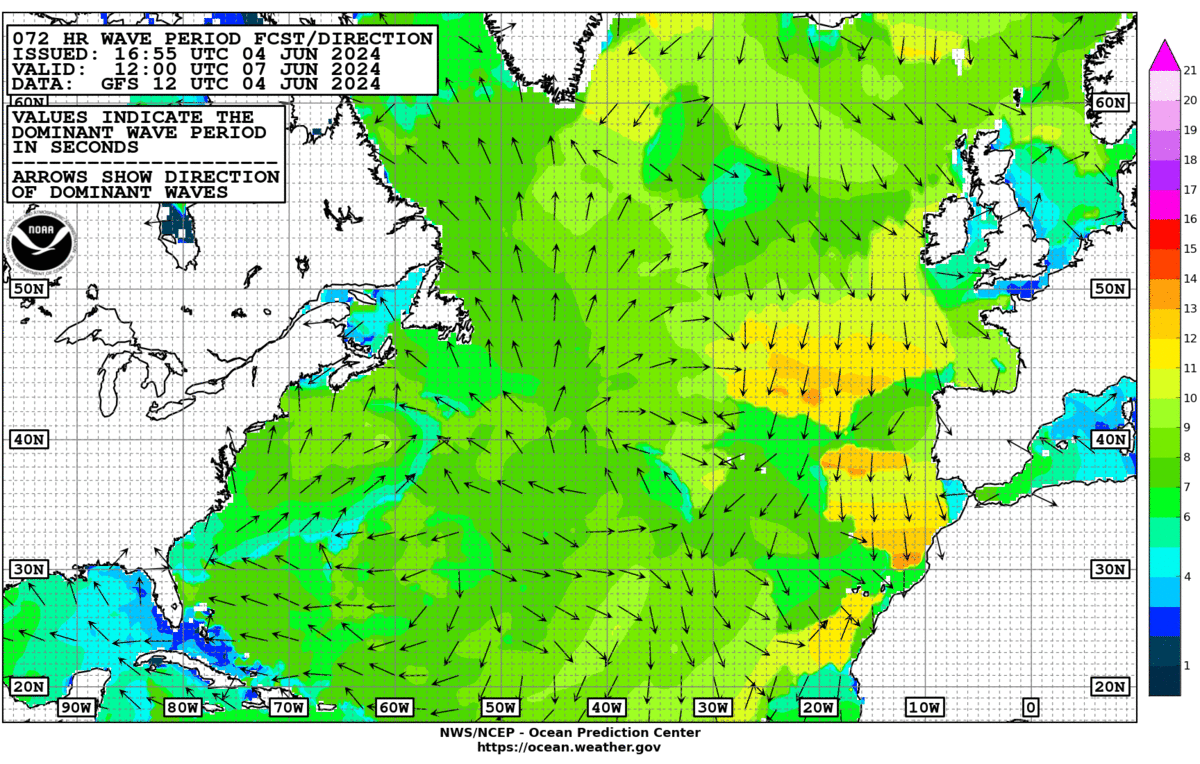 NWS/NCEP North Atlantic 72-hour wave period & direction forecast
