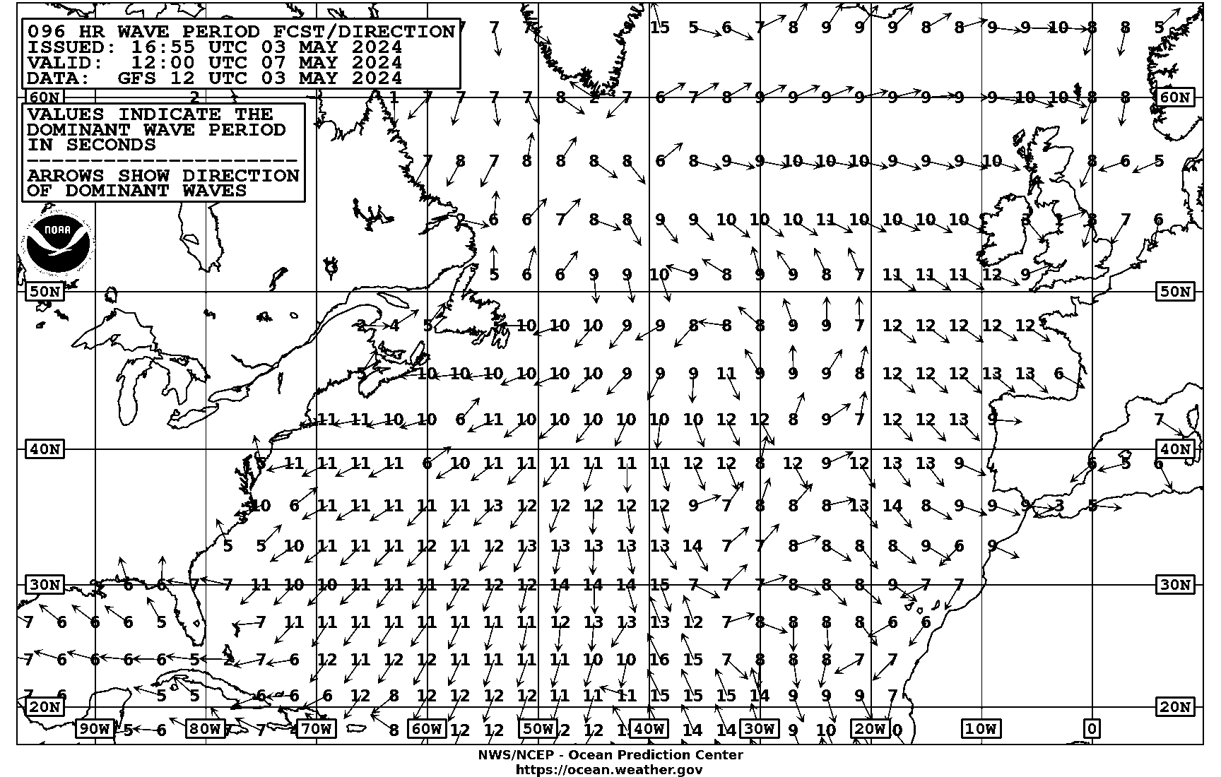 96 hour Atlantic Peak Wave Period & Direction/Ice Accretion