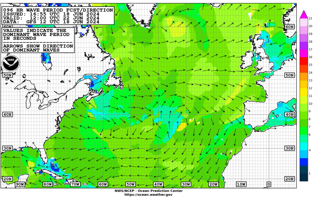 NWS/NCEP North Atlantic 96-hour wave period & direction forecast