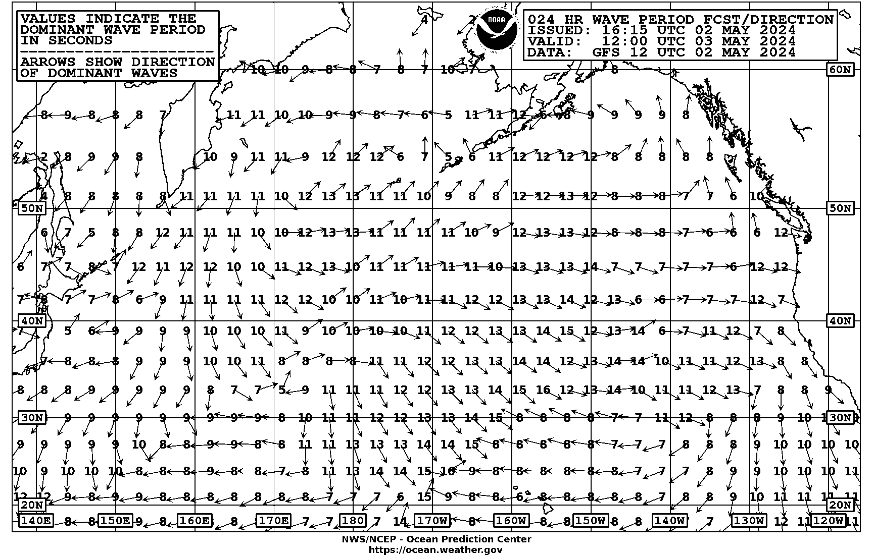 24 hour Pacific Peak Wave Period & Direction/Ice Accretion