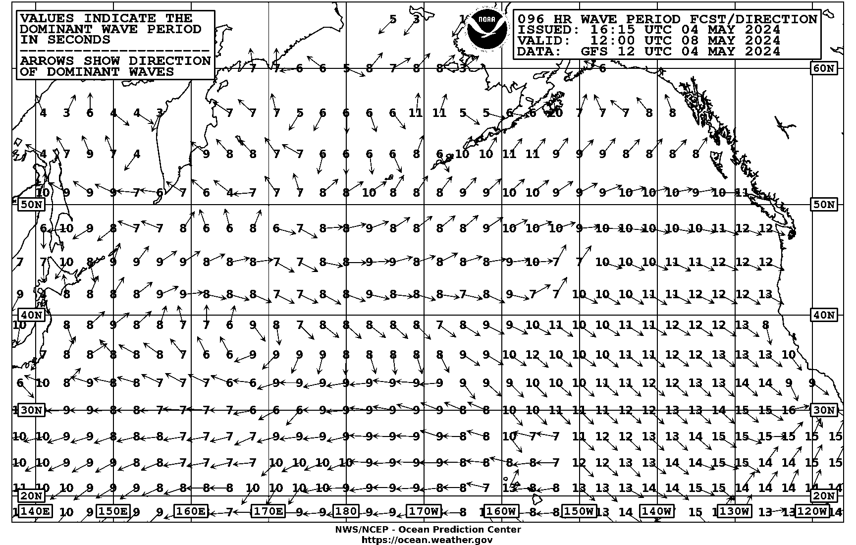 96 hour Pacific Peak Wave Period & Direction/Ice Accretion