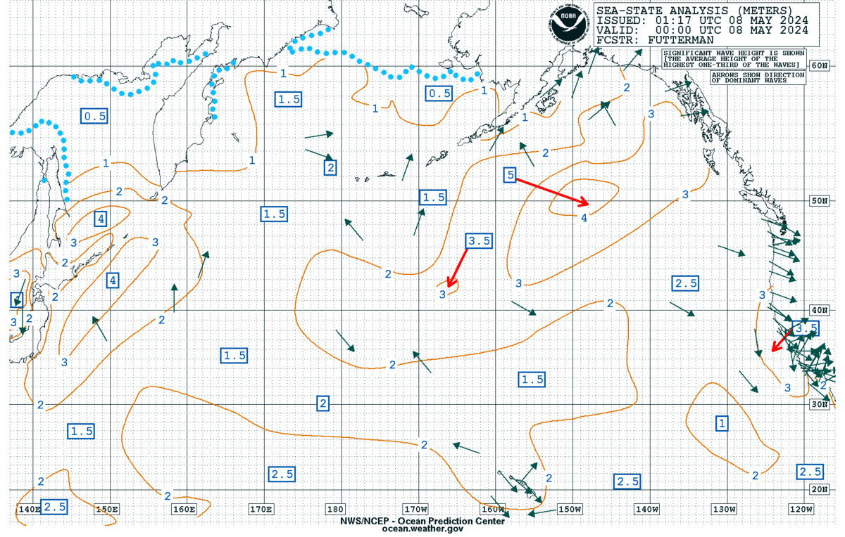 Latest E Pacific offshore & adjacent waters sea state analysis (meters)